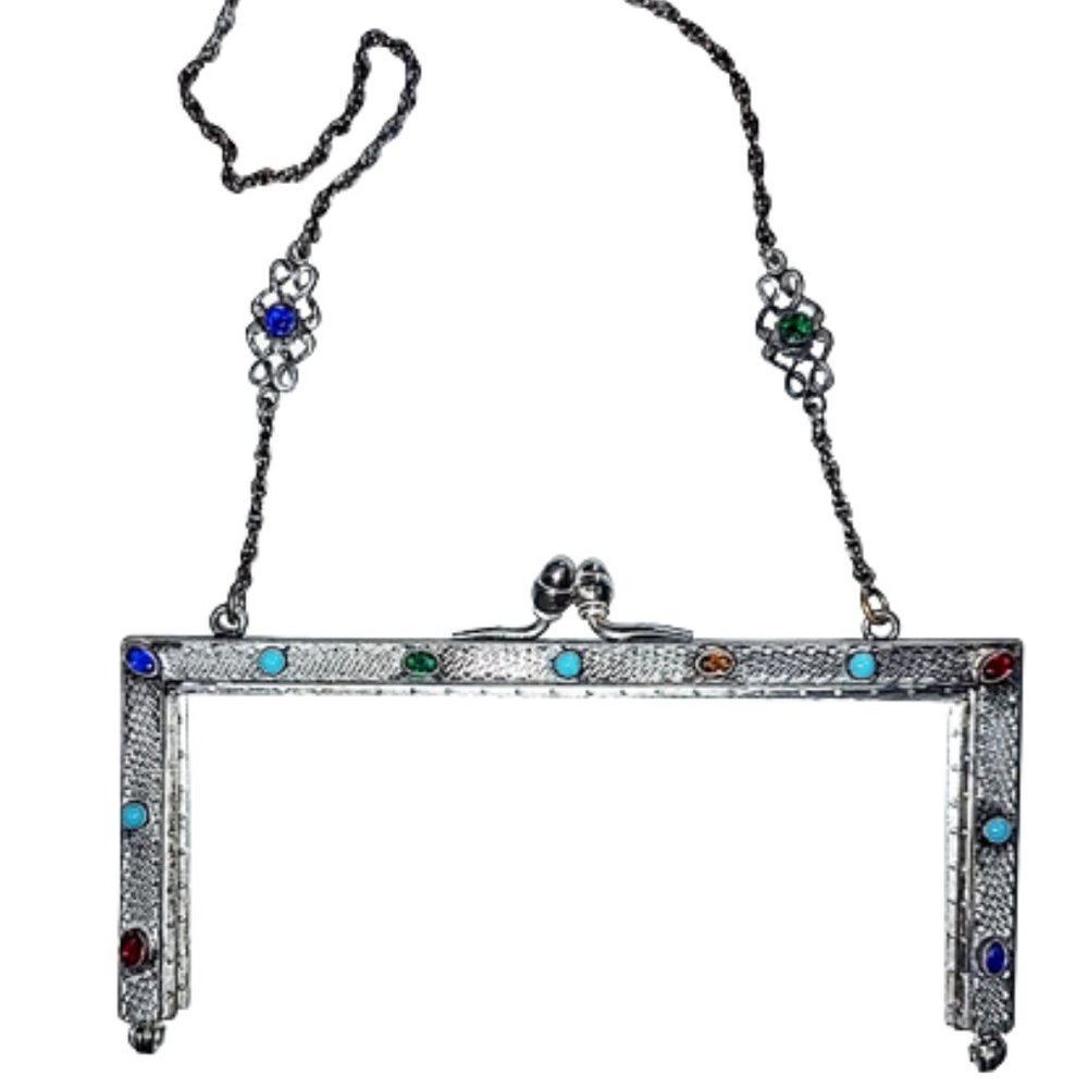 Antique 1900s 1920s Silver Metal Purse Handbag Frame With Colored Stones Jewels